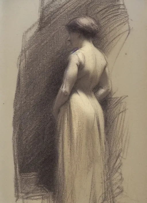 Prompt: study of a standing woman by george howard hilder. 1 9 0 5. charcoal on paper.