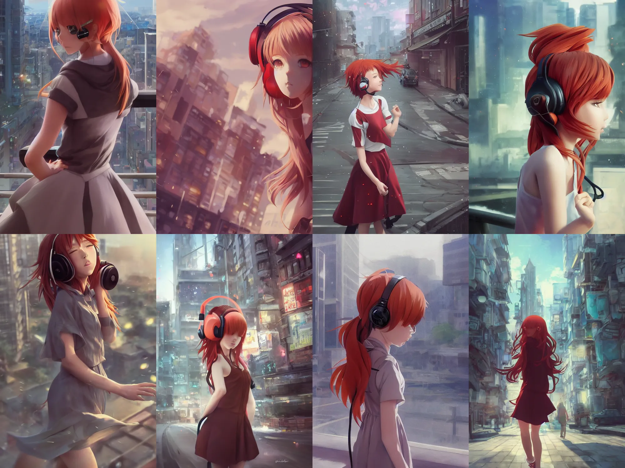 Prompt: complicated dynamic composition,realistic anime style at CGSociety by ilya kuvshinov,Greg Rutkowski,trending on artstation. Zbrush sculpt colored,Octane render in Maya and Houdini VFX,realistic cute young redhead girl in motion, expressing joy, dress,headphones,silky hair, deep eyes.In cityscape.Amazing textured brush strokes.Cinematic dramatic atmosphere,sharp focus, soft volumetric studio lighting.