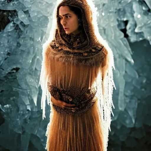 Image similar to full shot of a regal brown woman wearing an intricate armor made of many layers of ice. no makeup!! freckles!! haunting eyes. vulnerable. fragile. ethereal. elaborate. ice caves. glaciers. refracted light. extremely soft lighting. textures. delicate. translucent. by ray cesar. by louise dahl - wolfe. by andrea kowch. surreal photography.