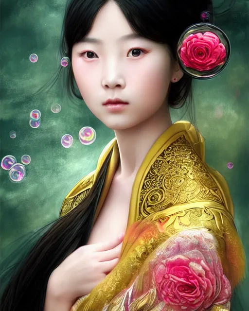 Image similar to portrait of chinese han clothing girl, dreamy and ethereal, expressive pose, big gold eyes, firm expression, fantasy, intricate, elegant, many rainbow bubbles, rose tones, highly detailed, digital painting, artstation, concept art, smooth, sharp focus, illustration, art by artgerm and greg rutkowskiand alphonse mucha