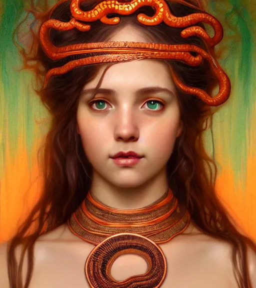 Image similar to portrait of teenage medusa, snake hair, naughty smile, wearing an embroidered orange tunic, intricate, elegant, copper and emerald jewelry, glowing lights, highly detailed, digital painting, artstation, concept art, smooth, sharp focus, seductive illustration, art by wlop, mucha, artgerm, and greg rutkowski