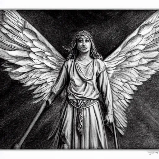 Image similar to mystical heroic angel standing over his fallen army in defeat, pencil drawing, hyper realistic, 4 k,