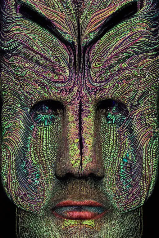 Prompt: dark portrait of one Bioluminescent old shaman, with cracked fractal semi-transparent skin. multicolored fish scales, closeup. long dark hair with insects and plant leaves. at night, realistic. intricate, very detailed, by alex grey and Moebius