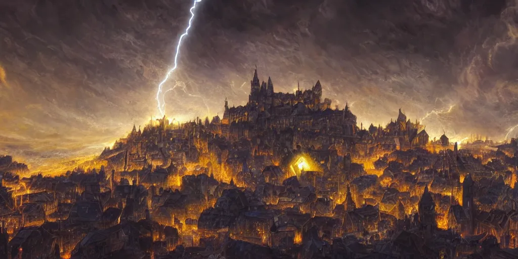 Image similar to A medieval city being destroyed by a meteorite, meteorite surrounded by blue flame, highly detailed, 4k, digital art, trending on artstation, the skies are covered by dark clouds, magic energy in the sky, lightning