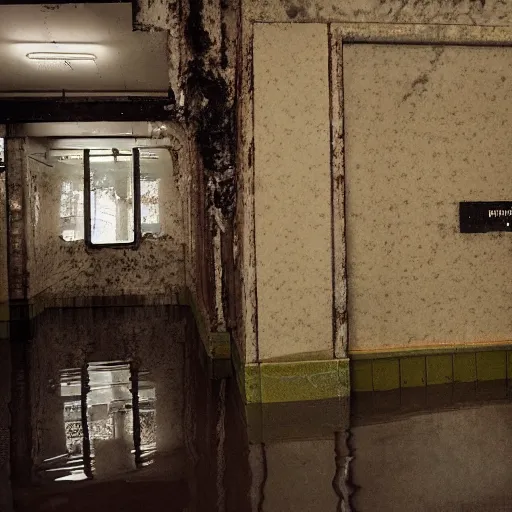 Prompt: A flooded old subway station. Muted colors, tearing wall paper.