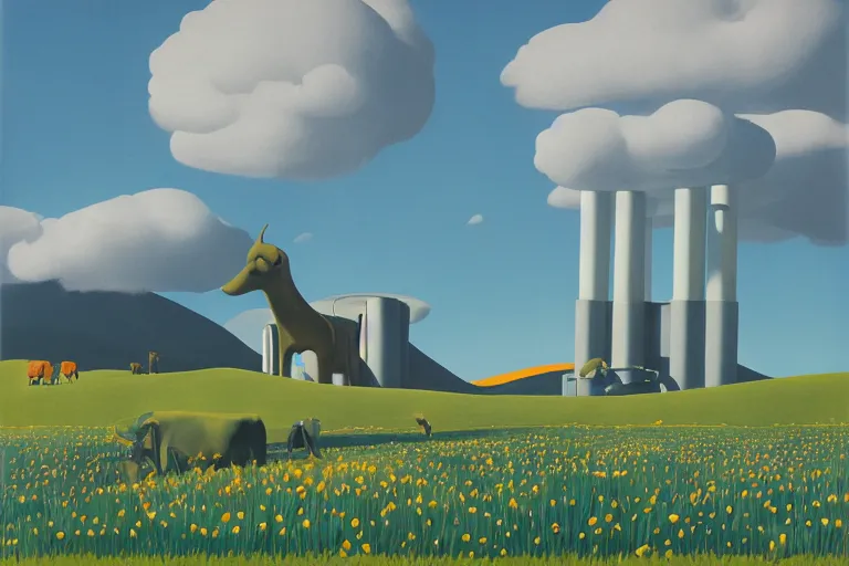 Image similar to giant retro - robot, cows, blooming hills with spring flowers and pillars by helen lundeberg