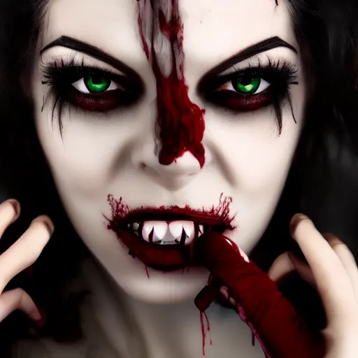 Image similar to a female vampire showing her fangs, gothic, horror, 4K, cinematic