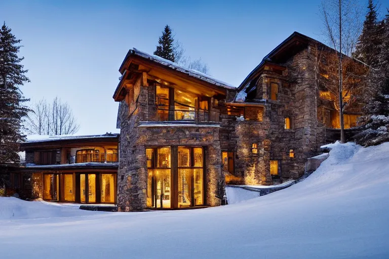 Image similar to a beautiful modern stone mansion in Aspen, golden hour, gentle snow, sunbeams, volumetric lighting, by Emmanuel Lubezki