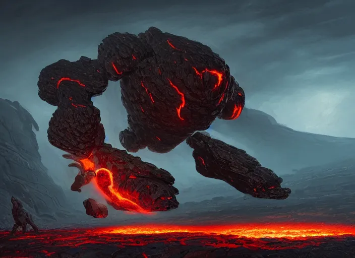 Image similar to epicly designed very muscular stone obsidian robot with human body fighting a deadly beast made from lava with background by greg rutkowski