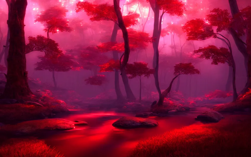 Prompt: gloomy sparse fairytale forest with a beautiful sparkling stream of glowing red water flowing through, visual novel key visual, award - winning digital art on pixiv, trending on artstation - cinematic lighting, dramatic lighting, stunning and beautiful scenery - highly detailed, hyperrealistic, unreal engine 5, in the style of kingdom hearts