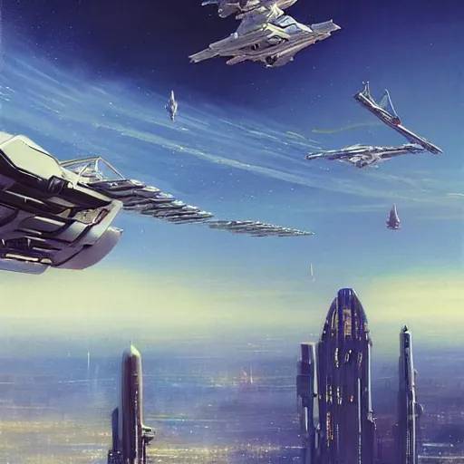 Image similar to gorgeous sci fi imagery | landing spot | space and city flying craft | futuristic | beautiful couple in the foreground heading to their hovering transport | futurism | modern couple | futuristic cityscape in the background | low angle | golden ratio | by john berkey, greg rutkowski, james gurney