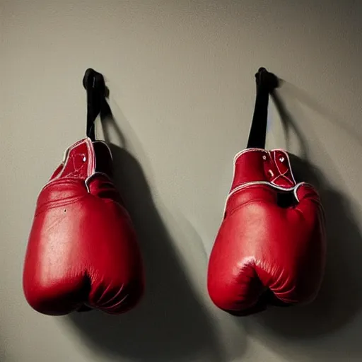 Prompt: “a pair of old red leather boxing gloves hanging on the wall in the corner of a dark gym, dimly lit”