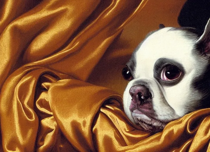Prompt: baroque rococo painting The Princess' Boston Terrior portrait Greg Hildebrandt high detail cute puppy