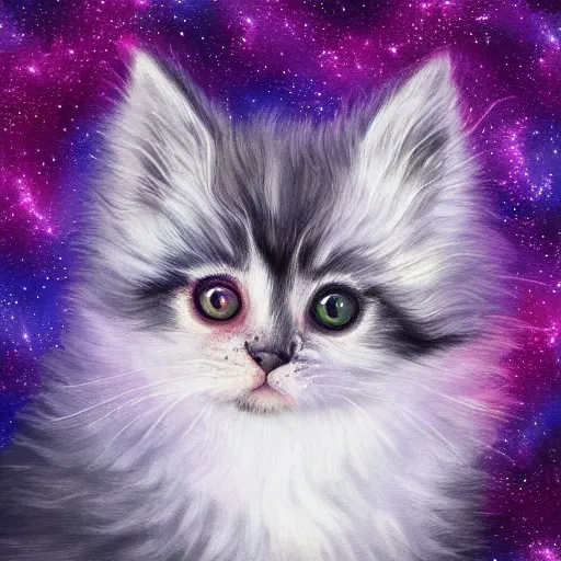 Image similar to cute fluffy kitten with purple cyan and white tabby fur and big eyes with night sky background detailed painting 4k