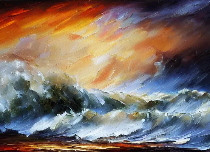 Prompt: palette knife painting of a roaring sea storm landscape, dramatic, dark, sepia, ((by Misun Afremov)), by Joshua Davison, by Justyna Kopania, by Joseph Lee