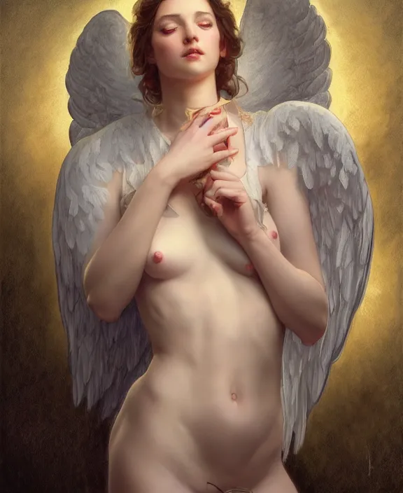 Prompt: an angel wearing a blindfold and lace lingerie, realistic renaissance portrait, highly detailed, digital painting, artstation, concept art, smooth, sharp focus, illustration, cinematic lighting, art by artgerm and greg rutkowski and alphonse mucha and boris vallejo and frank frazetta