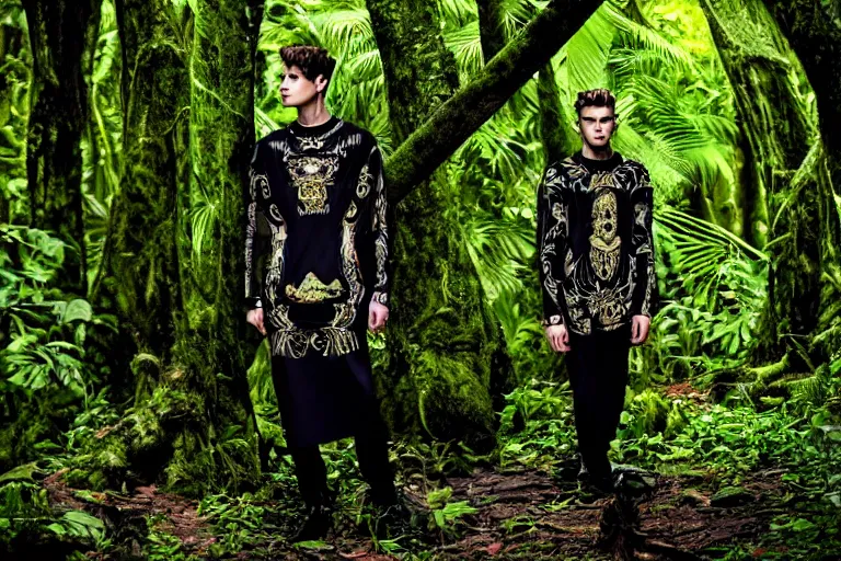 Prompt: versace avant garde male tunics intricate modern choatic textiles streetwear cyberpunk posing in the jungle woods cloudy overcast dark dramatic mysterious
