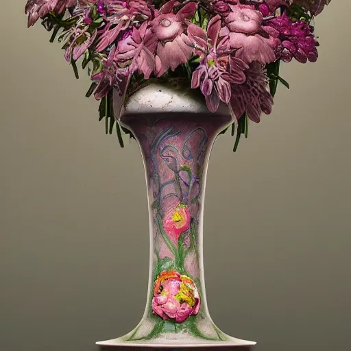 Prompt: biomorphic painting of a vase with flowers, au naturel, hyper detailed, digital art, trending in artstation, cinematic lighting, studio quality, smooth render, unreal engine 5 rendered, octane rendered, art style by klimt and nixeu and ian sprigger and wlop and krenz cushart