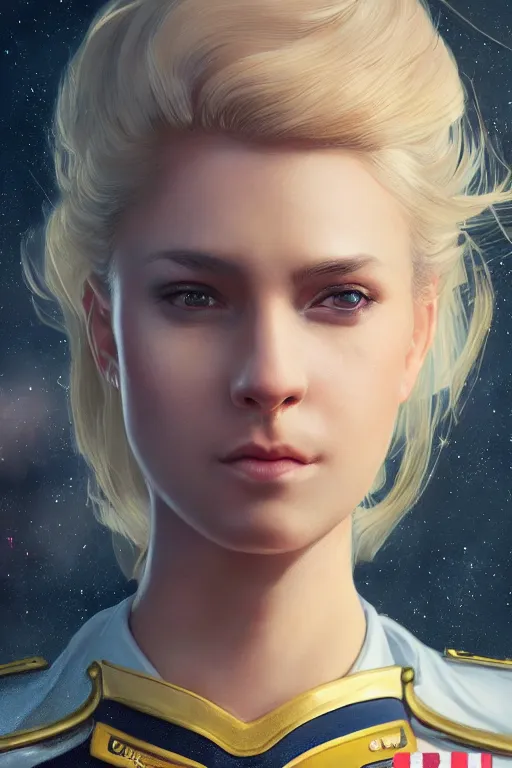 Image similar to beautiful portrait of a female officer wearing a fancy naval uniform, art by wlop and artgerm, science fiction, intricate detail, blonde hair, space background, trending on artstation, sharp focus, illustration, caustics, octane render, radiant light, 4 k