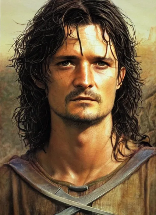 Image similar to Orlando Bloom as Aragorn by Alan Lee, very detailed eyes, golden hour, concept art, detailed clothing, art station, oil painting