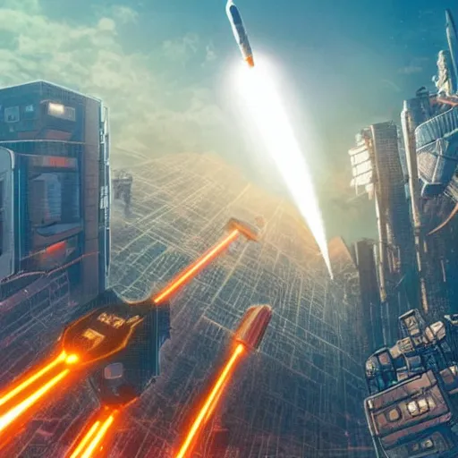 Image similar to A highly detailed photo of a giant futuristic mech launching missiles and firing lasers in a city