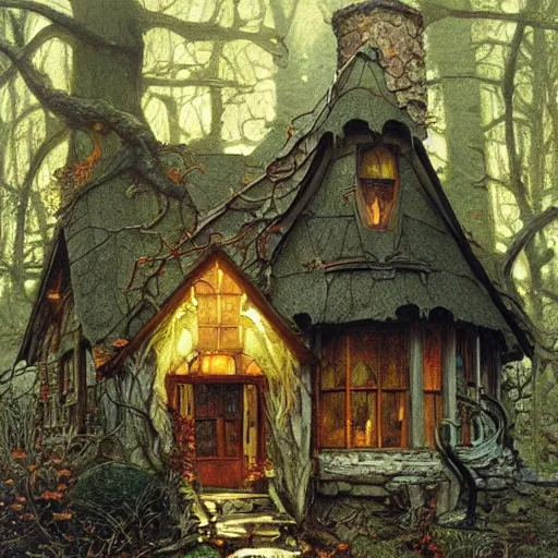 Prompt: witch cottage in the forest, art by norman rockwell and donato giancola and greg rutkowski