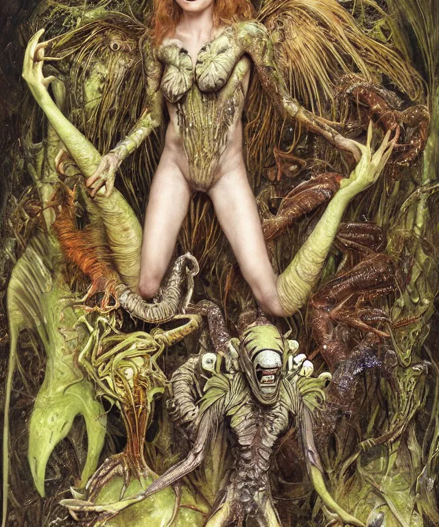 Prompt: a portrait photograph of a fierce sadie sink as an alien harpy queen with slimy amphibian skin. she is trying on bizarre bulbous slimy organic membrane parasitic fetish fashion and transforming into an insectoid amphibian. by donato giancola, walton ford, ernst haeckel, brian froud, hr giger. 8 k, cgsociety