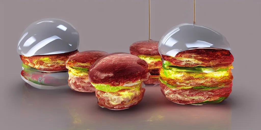 Image similar to a murano hamburger hybrid, digital art, dramatic product lighting