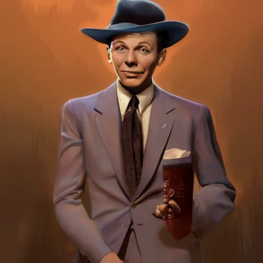 Image similar to perfect composition, subdued color palette, award-winning concept art, detailed digital painting, airbrushed, low contrast: costume design for young Frank Sinatra as a poor 1950s bartender. Volumetric cinematic lighting, great attention to perfect anatomy, special attention to posing, great attention to realistic facial expression, faithful cinematic color scheme, perfectly coherent. In the style of: Greg Rutkowski, Francis Bacon, Syd Mead, Norman Rockwell, Beksinski, Edward Hopper, James Gilleard, Ilya Kuyshinov, WLOP, Stanley Artgerm, Takato Yamamoto, and James Jean.