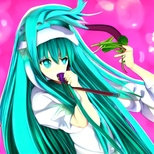 Image similar to hatsune miku with a leek in her hand