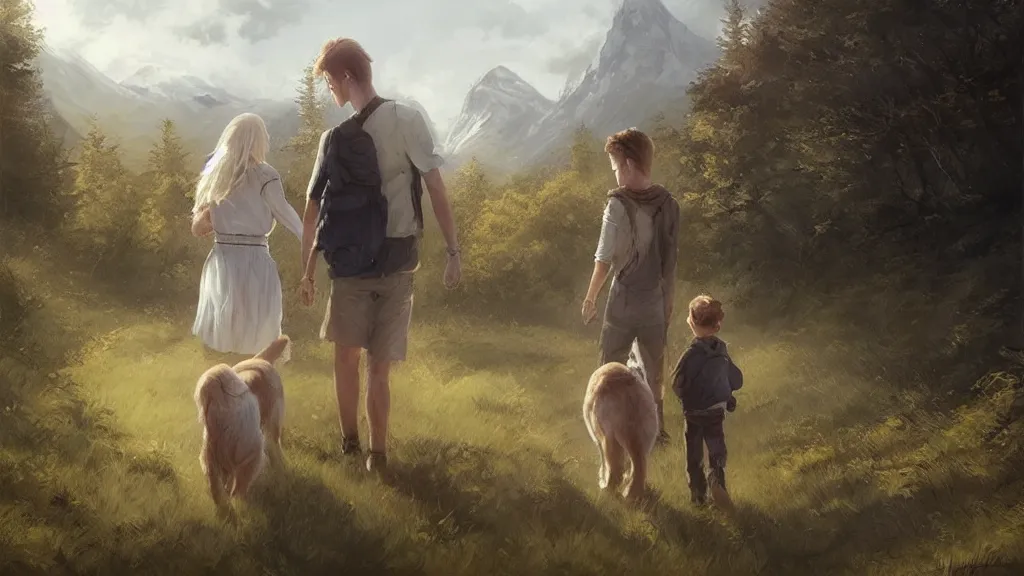 Prompt: “ a couple and a young boy, walk on a trail in forest, with a white color golden retriever, mountains in the background, highly detailed, by charlie bowater, by greg rutkowski ”