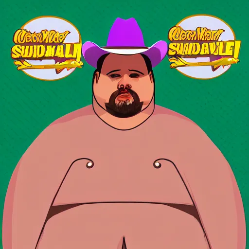 Image similar to hyperreal morbidly obese 2000kilo snake oil salesman wearing authentic purple green sip tech cowboy augmentation and curly snake moustache, fat man standing in front of blank background