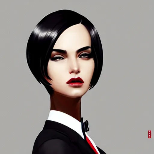 Image similar to slim mafia girl in tuxedo with black bob hair, elegant, 2d, ultra highly detailed, digital painting, smooth, sharp focus, artstation, art by Ilya Kuvshinov