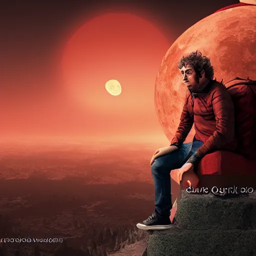 Prompt: gustavo cerati sitting on the red moon, digital art, matte painting, render unreal engine, highly detailed, asymmetrical