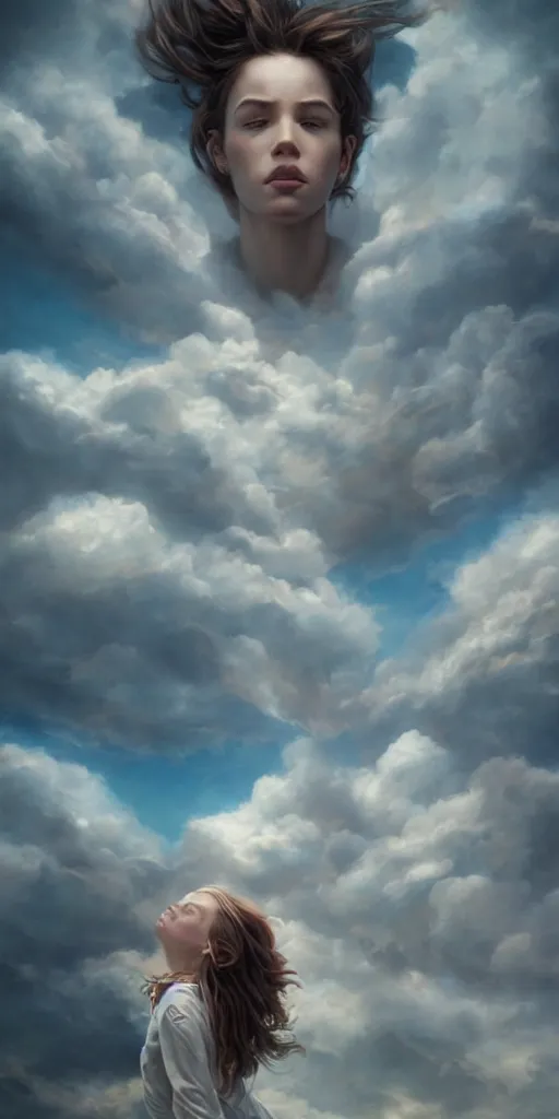 Prompt: a lost soul in the clouds, portrait, epic shot, very detailed, by artgerm, julie bell, beeple and Greg Rutkowski, airbrush, fantasy, 90s, Smooth gradients, octane render, 8k, High contrast, depth of field, very coherent symmetrical artwork