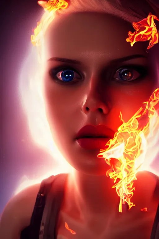 Image similar to gorgeous young blonde woman playing with flames coming out of her eyes, cyberpunk, realistic, high definition, many details, dramatic scene, symmetrical face, realistic eyes, unreal engine art 5