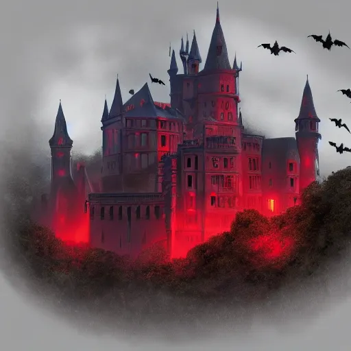 Image similar to wide angle photo of a gothic castle, the sky is red, many bats flying around in the sky, eerie fog, nightmare miasma, trending on artstation,