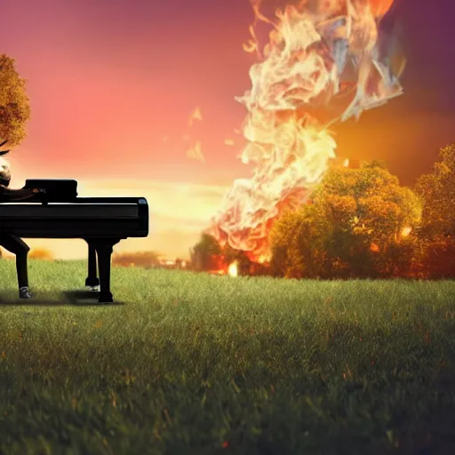 Prompt: child playing a piano outside, cat sitting on piano, beautiful scenery, orange skies, burning trees, burning grass, destroyed buildings, impending doom, apocalyptic, 4 k, realistic,