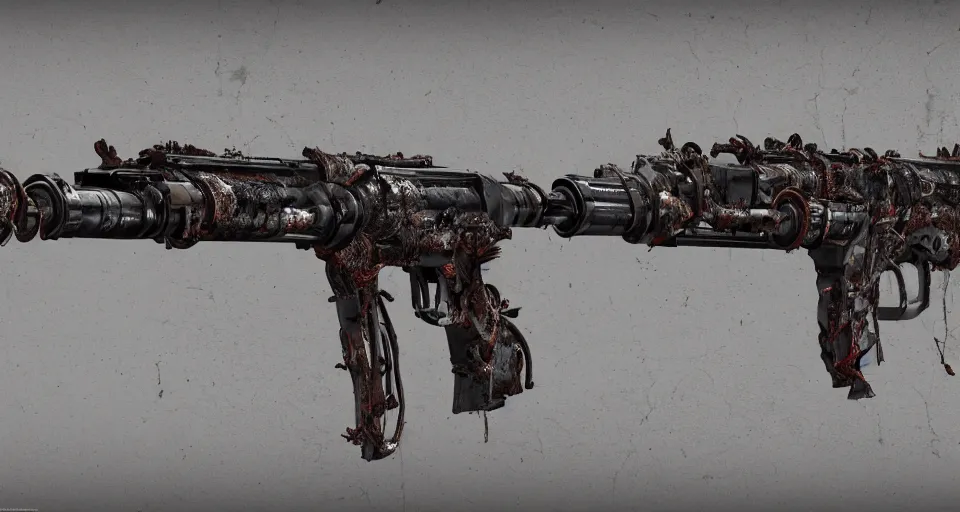 Prompt: Techno-biological rusty rifle consisting of tumors, veins, muscles, bones, kidneys, wires. Biopunk, extremely high detail, photorealism, full length view, very rust, black background, concept art, octane render, 8k