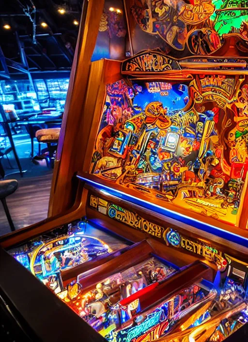 Image similar to a wide complex fancy wooden pinball machine that has fancy artwork inside with lights and pinball bumpers, x themed, front-view, dslr photo