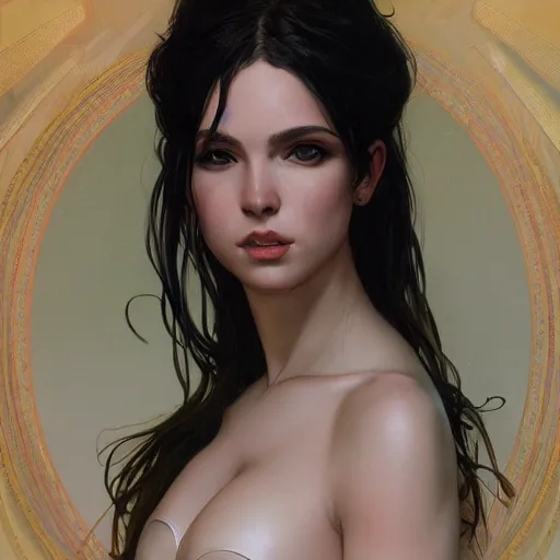 Image similar to portrait of charli d'amelio wearing a latex suit, intricate, elegant, highly detailed, digital painting, artstation, concept art, smooth, sharp focus, illustration, art by artgerm and greg rutkowski and alphonse mucha, 8 k