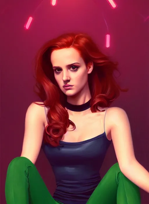 Image similar to full body portrait of teenage cheryl blossom, bangs, green eyes, mischievous expression, red hair, sultry smirk, bangs and wavy hair, intricate, elegant, glowing lights, highly detailed, digital painting, artstation, concept art, smooth, sharp focus, illustration, art by wlop, mars ravelo and greg rutkowski
