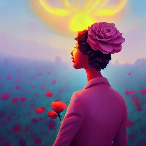 Image similar to closeup, giant rose flower under head, frontal, girl in a suit, surreal photography, sunrise, dramatic light, impressionist painting, digital painting, artstation, simon stalenhag