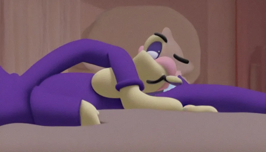 Image similar to still from a masterpiece moody A24 animation: Waluigi laying down while going to therapy