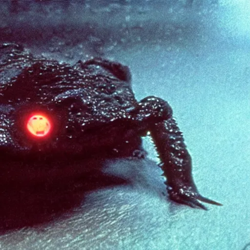 Prompt: Close up of Lepidobatrachus laevis and facing the camera in a still from the movie Blade Runner (1982), high quality, rain, rain drops, cold lighting, 4k, night, award winning wildlife photo