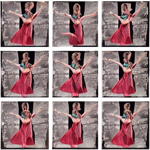 Image similar to a 3x3 grid showing all 9 frames of an animated gif of a beautiful woman dancing
