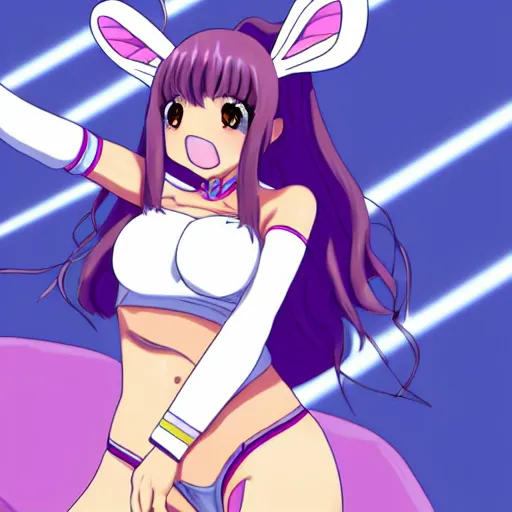 Image similar to an anime playboy bunny, bunny and she is wearing a tight white t-shirt and rainbow thigh high socks. she is giving the peace sign and smiling.