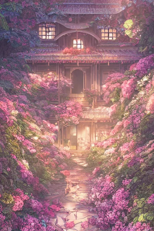 Image similar to a beautiful hyperdetailed illustration of absolutely beautiful blooming flower house alone, perfectly shaded, atmospheric lighting, style of studio ghibli, makoto shinkai, raphael lacoste, louis comfort tiffany, artgerm, james jean, ross tran, chinese style