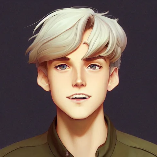 Prompt: young man with short, ash blond greyish hair, light brown eyes, path traced, highly detailed, high quality, digital painting, by don bluth and ross tran and studio ghibli and alphonse mucha, sylvain sarrailh