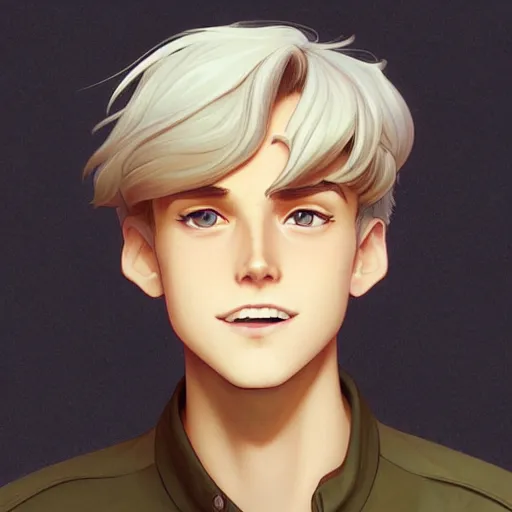 Image similar to young man with short, ash blond greyish hair, light brown eyes, path traced, highly detailed, high quality, digital painting, by don bluth and ross tran and studio ghibli and alphonse mucha, sylvain sarrailh